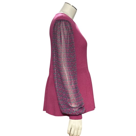 89th Madison NWT Medium Sheer Magenta Haze Knit Peplum Top Mesh Balloon Sleeves - Picture 7 of 12